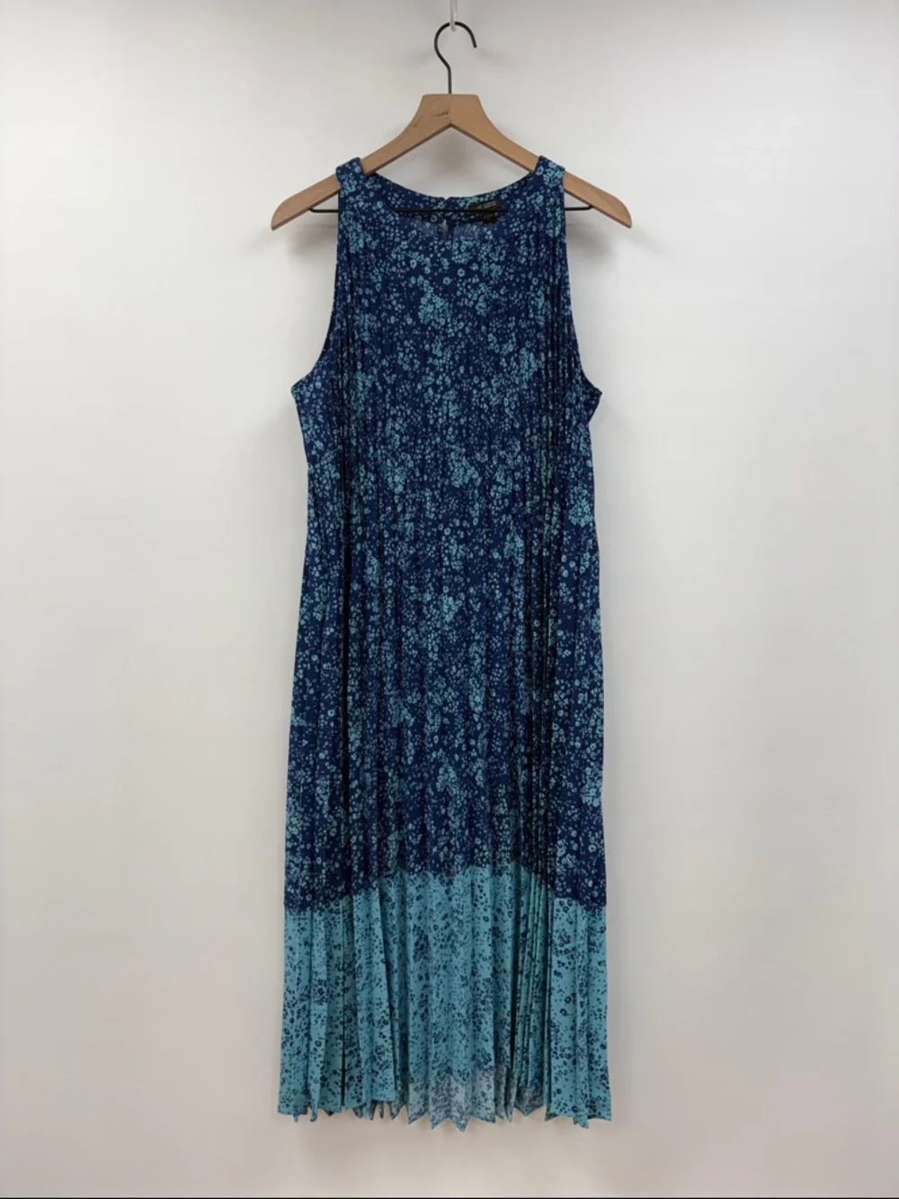 J. Jill Ditsy Floral Accordion Pleated Sleeveless A-Line Midi Dress Blue XL - Picture 2 of 8